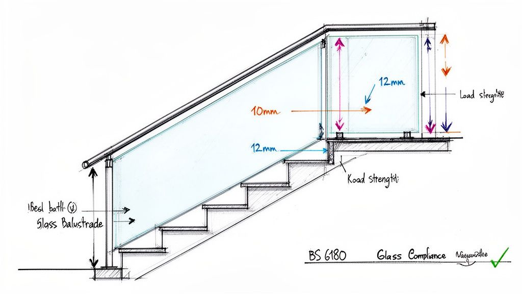 Technical sketch of a glass balustrade for a staircase and landing, detailing dimensions and BS 6180 compliance.