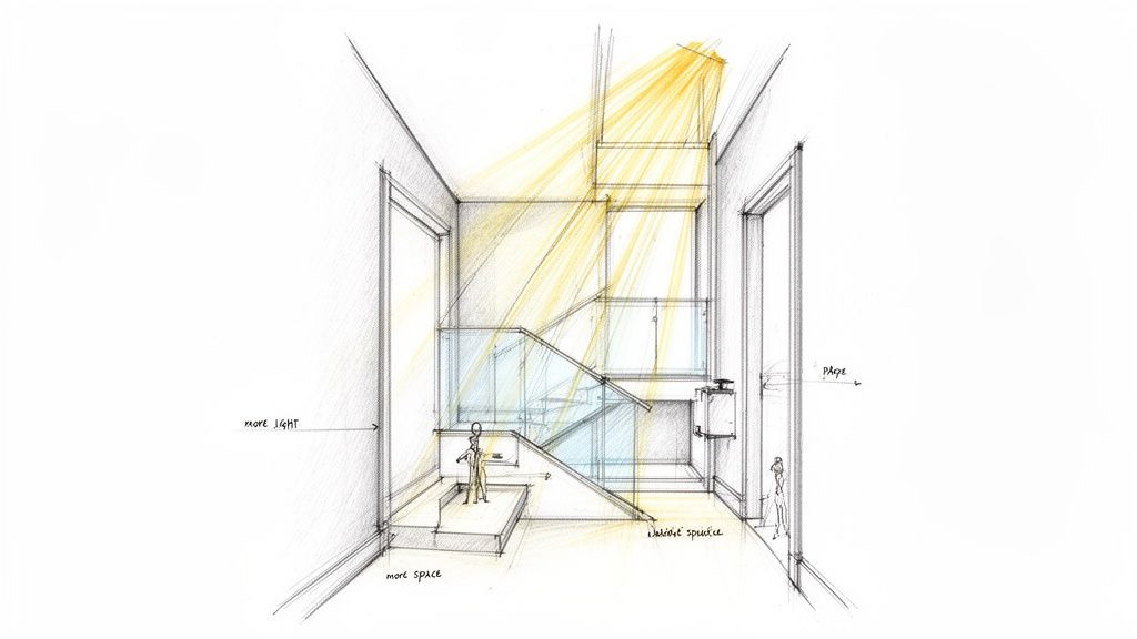 Sketch of a multi-level interior featuring a contemporary glass staircase bathed in natural light.
