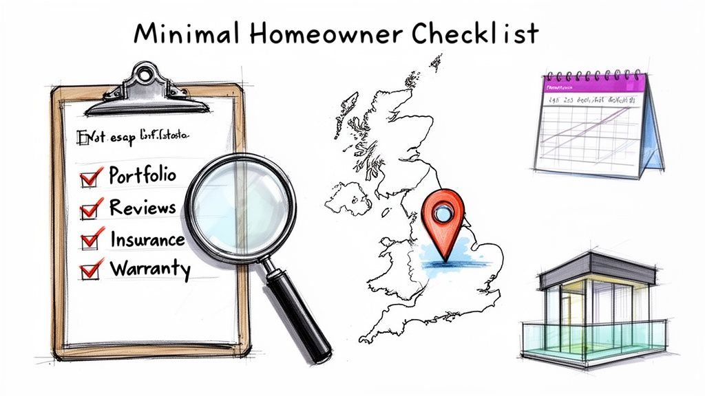 A minimal homeowner checklist with checked items, a UK map location, calendar, and modern building.