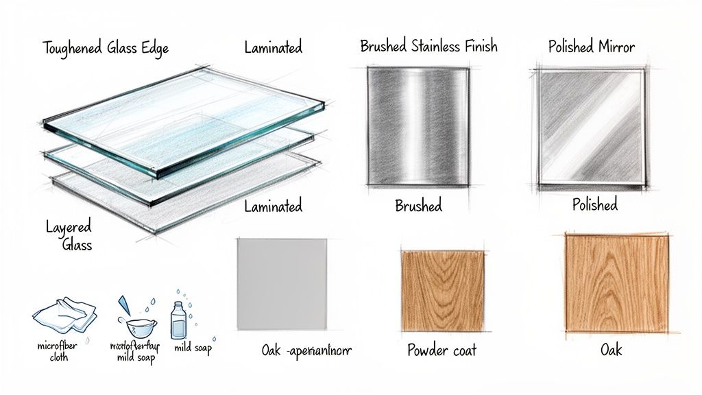 Diagram illustrating various material finishes including layered glass, brushed steel, polished mirror, and wood, plus cleaning items.