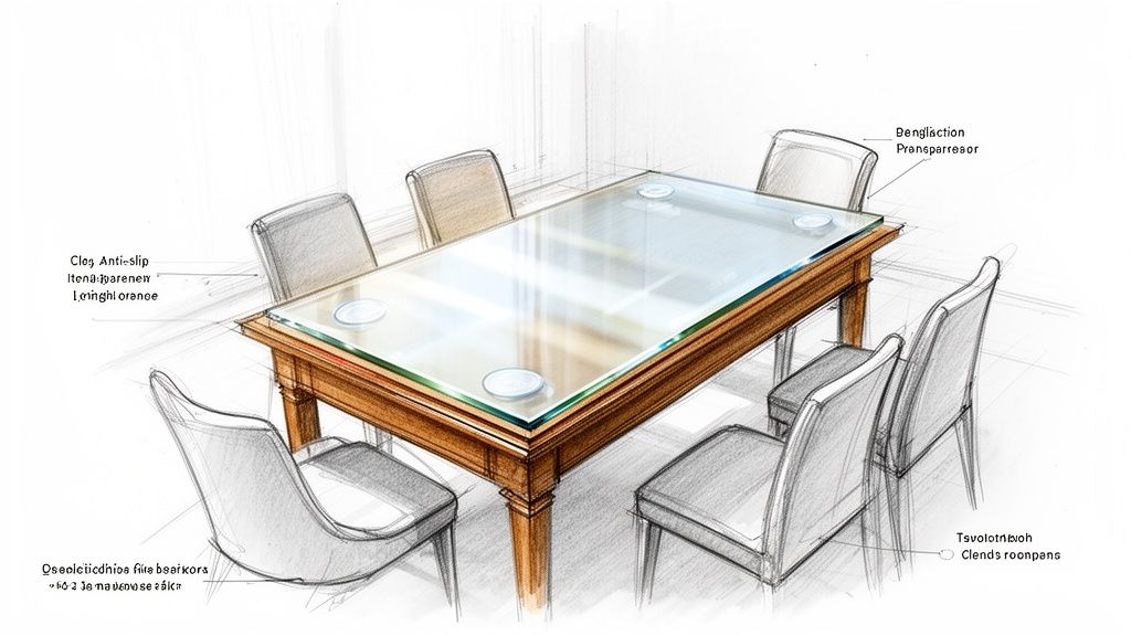 Detailed sketch of a modern dining table with a clear glass top and surrounding chairs.