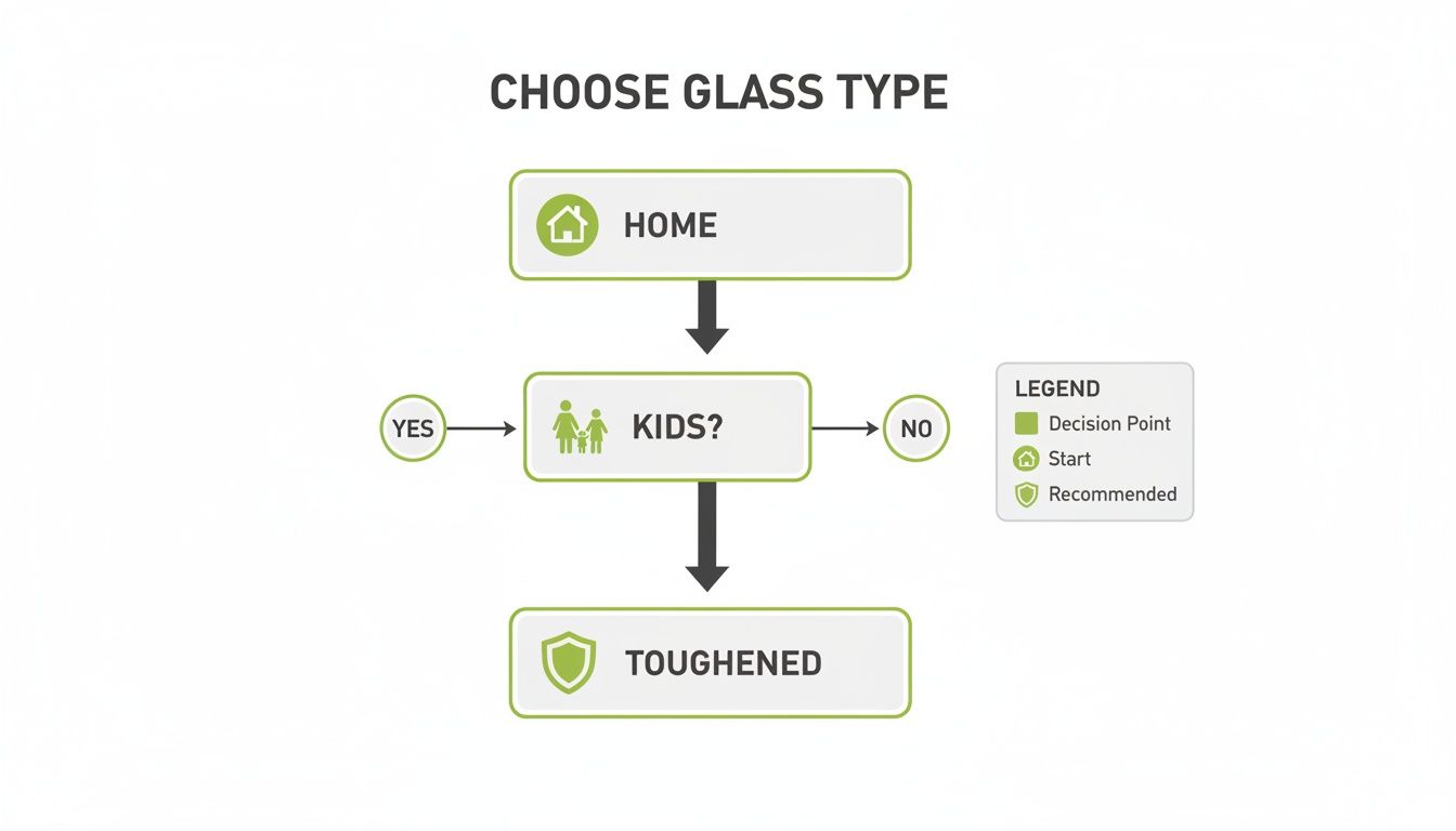 A flowchart showing how to choose glass type for home, recommending toughened glass if kids are present.