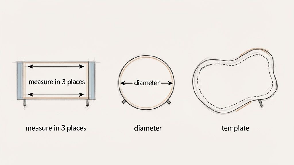 Diagrams show how to measure table tops: rectangular in 3 places, circular by diameter, and irregular with a template.