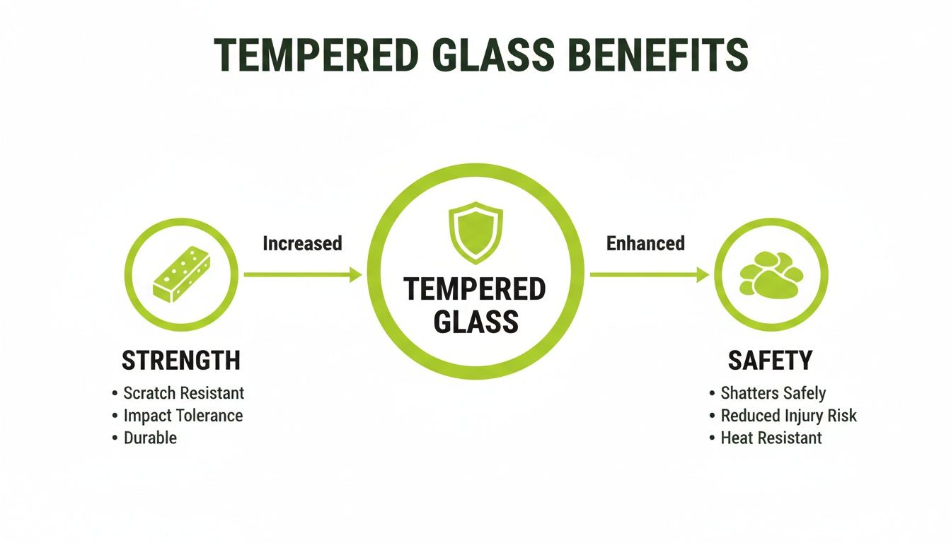 A diagram illustrating the benefits of tempered glass, highlighting increased strength and enhanced safety features.