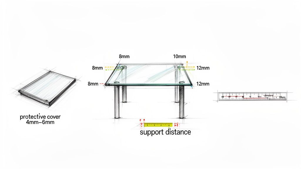 Technical drawing illustrating dimensions for a glass table, protective cover, and support distance with measurements.