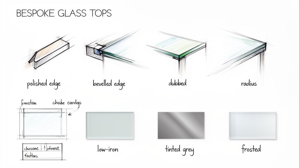 Diagram showcasing bespoke glass table top options, including various edge finishes and glass types.
