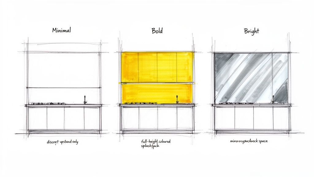 Three kitchen design sketches showcasing minimal, bold, and bright backsplash options.