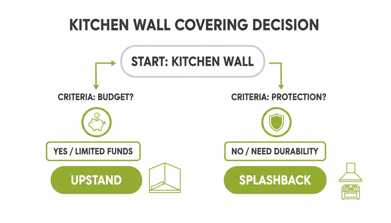 Flowchart helping to decide between kitchen wall upstand or splashback based on budget and protection needs.