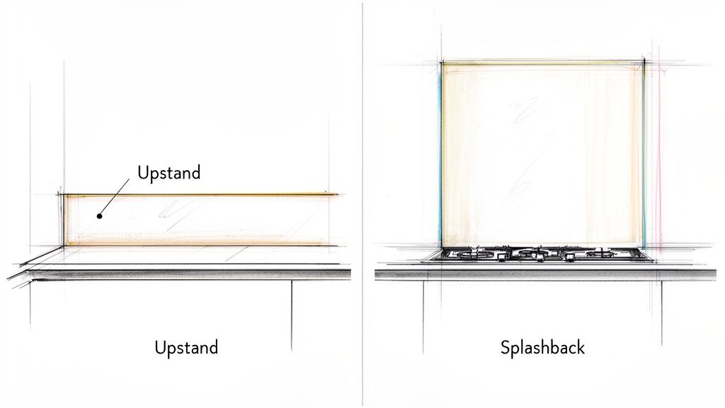 Architectural sketches differentiating a countertop upstand from a full-wall kitchen splashback.