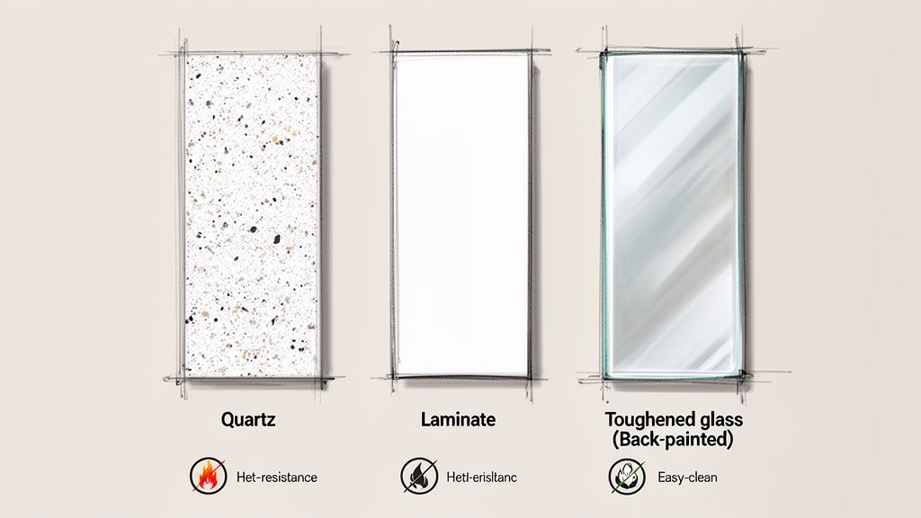 Three material samples: Quartz (heat-resistant), Laminate (not heat-resistant), and Toughened glass (easy-clean).