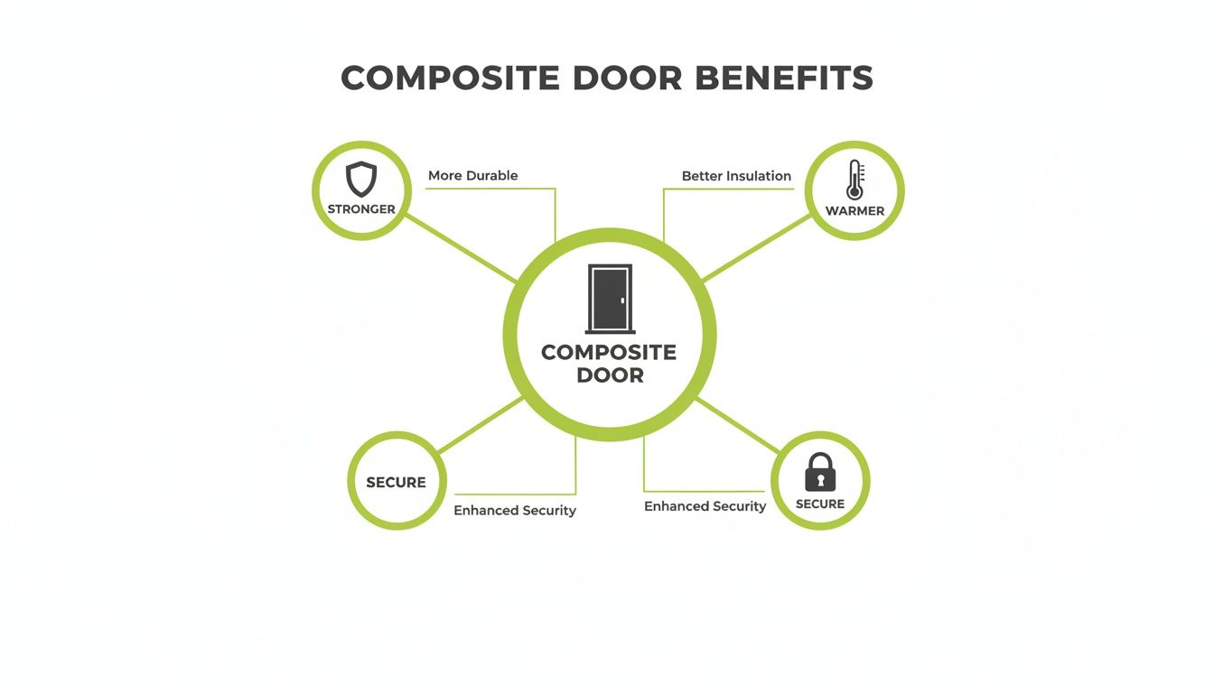 Infographic showing composite door benefits: stronger, warmer, more durable, and enhanced security with better insulation.