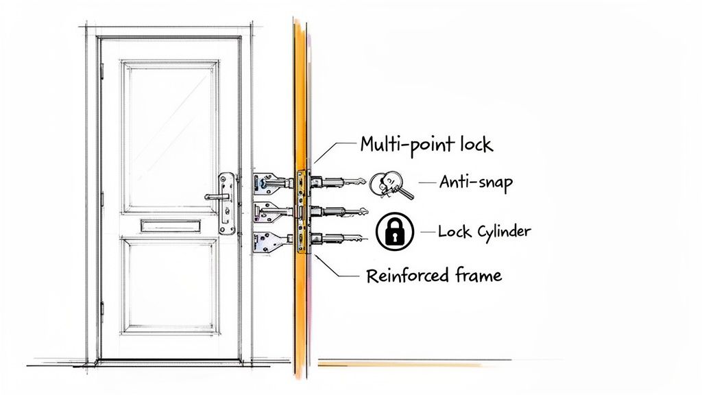 Detailed diagram showcasing door security features, including a multi-point lock, anti-snap cylinder, and reinforced frame.