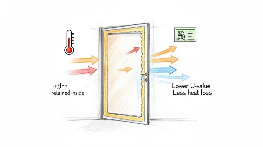 Diagram showing an insulated door retaining heat inside (red arrows) and reducing heat loss (blue arrows) to the outside.