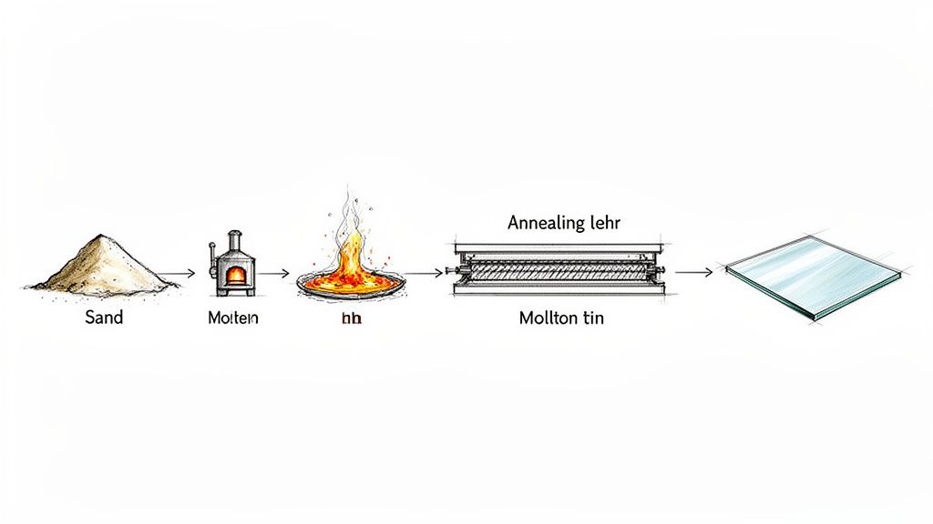 A diagram illustrates the float glass manufacturing process from sand to a finished glass sheet.