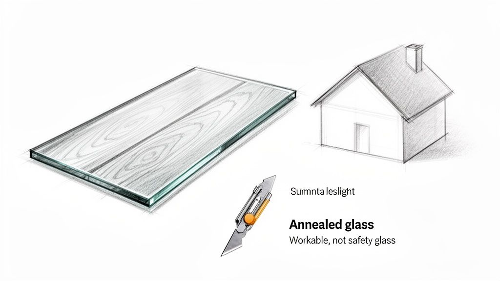A sketch showing a pane of annealed glass next to a house and a utility knife, illustrating its workability.