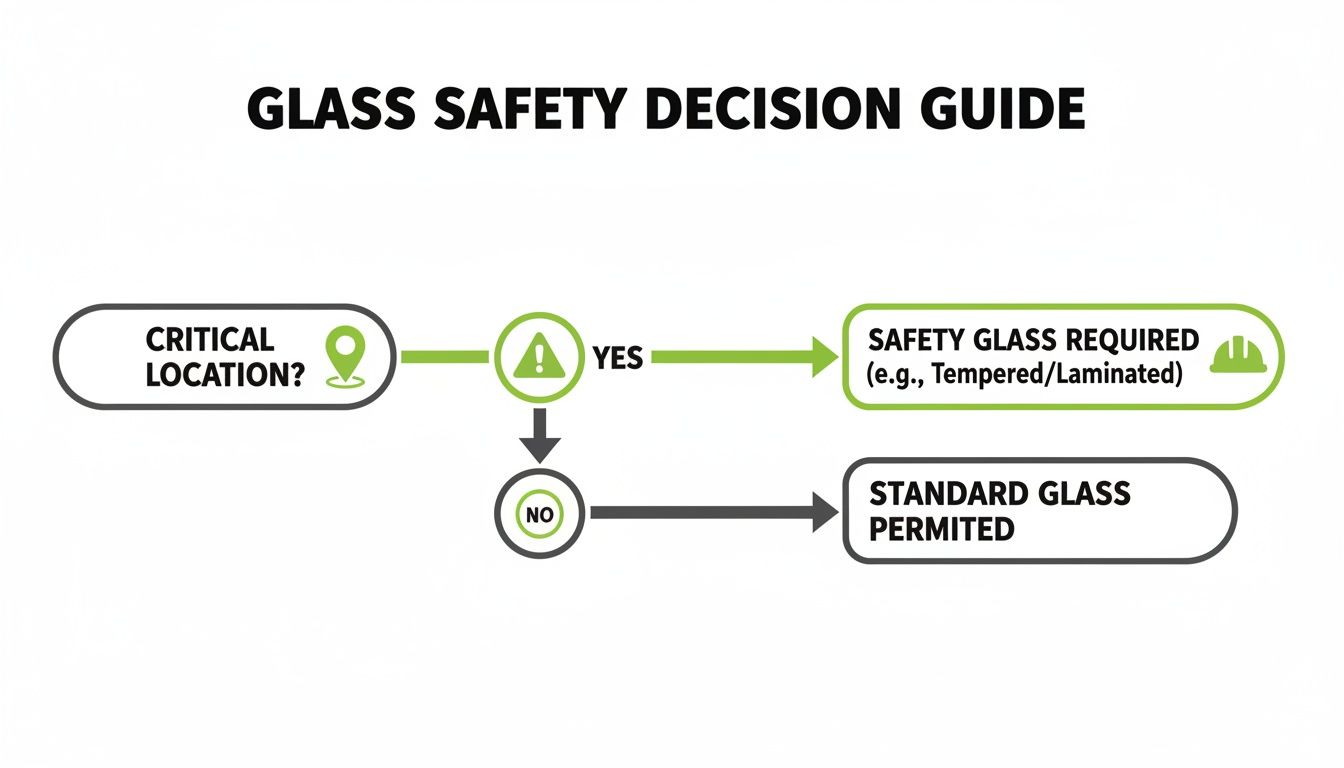 Flowchart for glass safety decision guide: If critical location, safety glass required; otherwise, standard glass permitted.