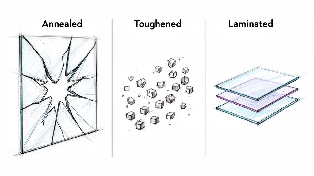 Illustrations comparing annealed glass breaking into large shards, toughened glass shattering into small cubes, and laminated glass layers.