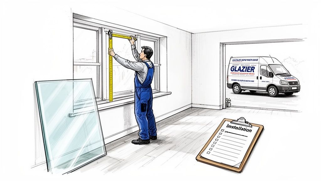 A glazier measures a window, preparing for glass installation, with new panes and a service van nearby.