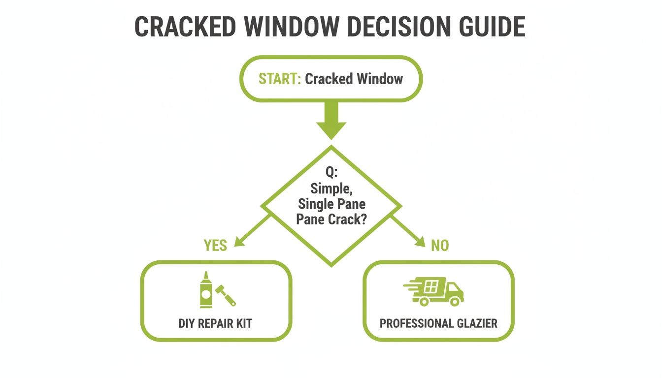 Flowchart guiding users on how to address a cracked window, suggesting DIY for simple cracks and a professional for complex ones.