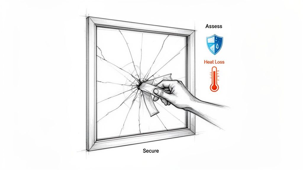 Illustration of a hand carefully removing broken glass from a damaged window, with related text.