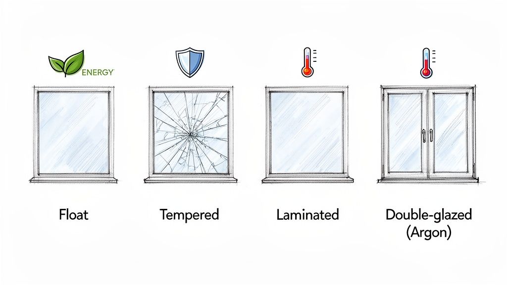 Illustration comparing four types of window glass: Float, Tempered, Laminated, and Double-glazed (Argon) with icons.