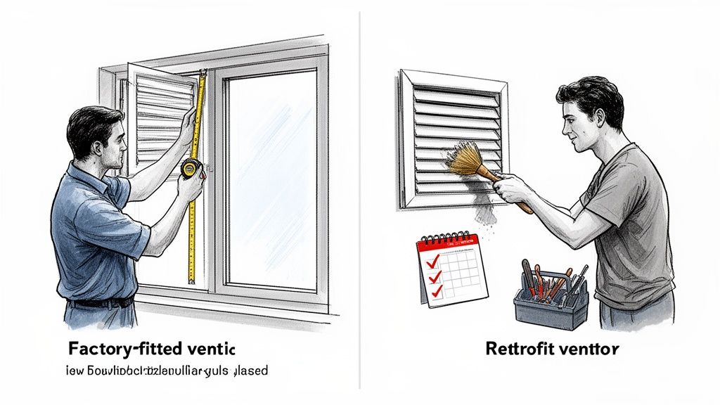 Two illustrations show a man measuring a factory-fitted window vent and another cleaning a retrofit vent.