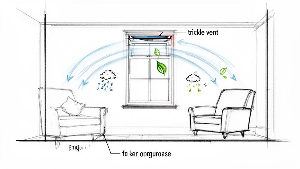 Sketch illustrating air circulation and natural ventilation in a room from a window trickle vent.
