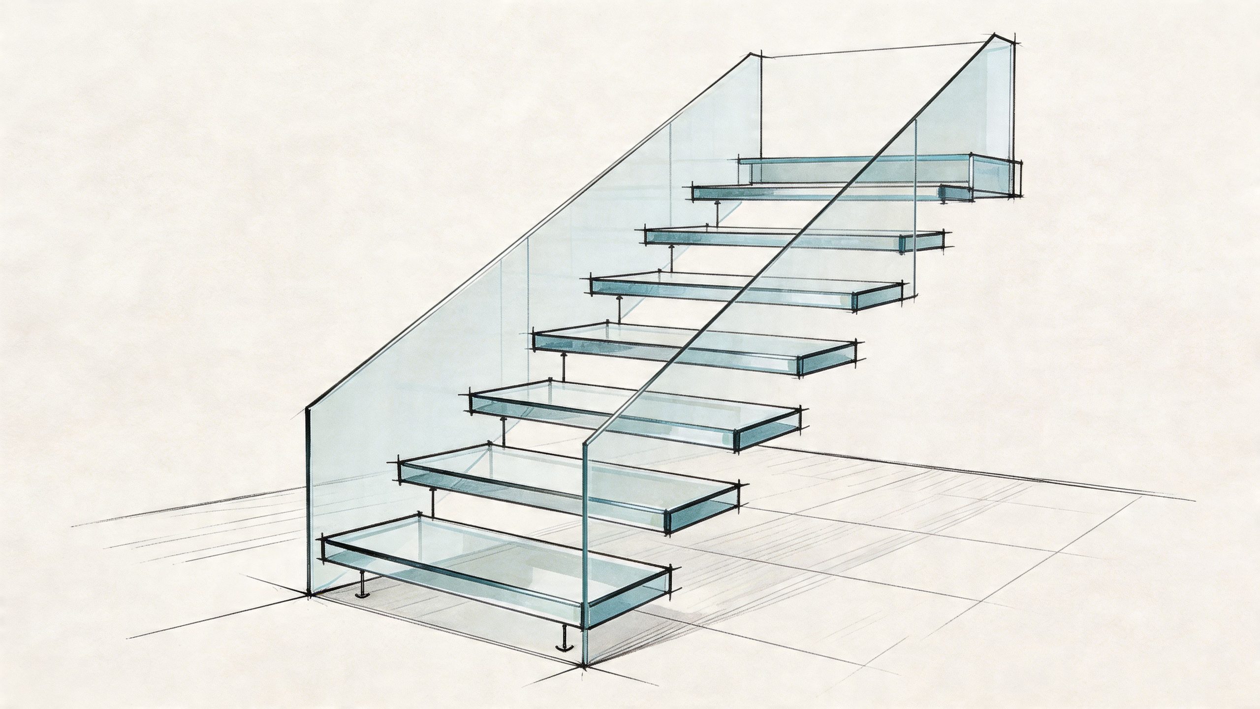 A pencil and watercolor sketch of a minimalist modern staircase with transparent glass steps and railings.