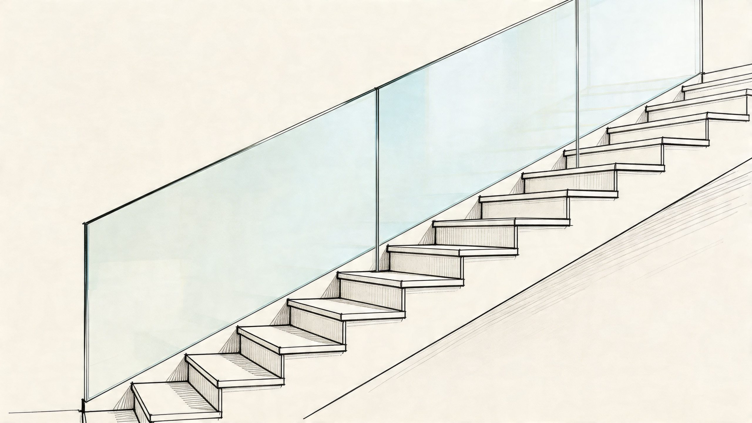 A minimalist architectural sketch showing wooden stairs with a modern glass railing and metal supports.
