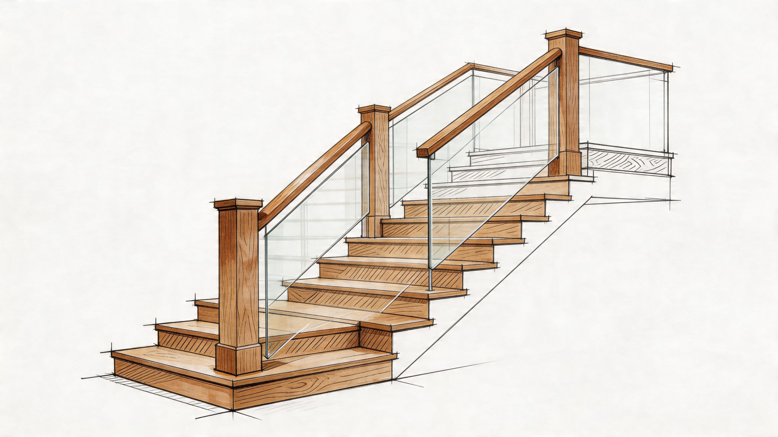 A professional architectural hand-drawn sketch of wooden stairs with a modern glass and wood railing design.
