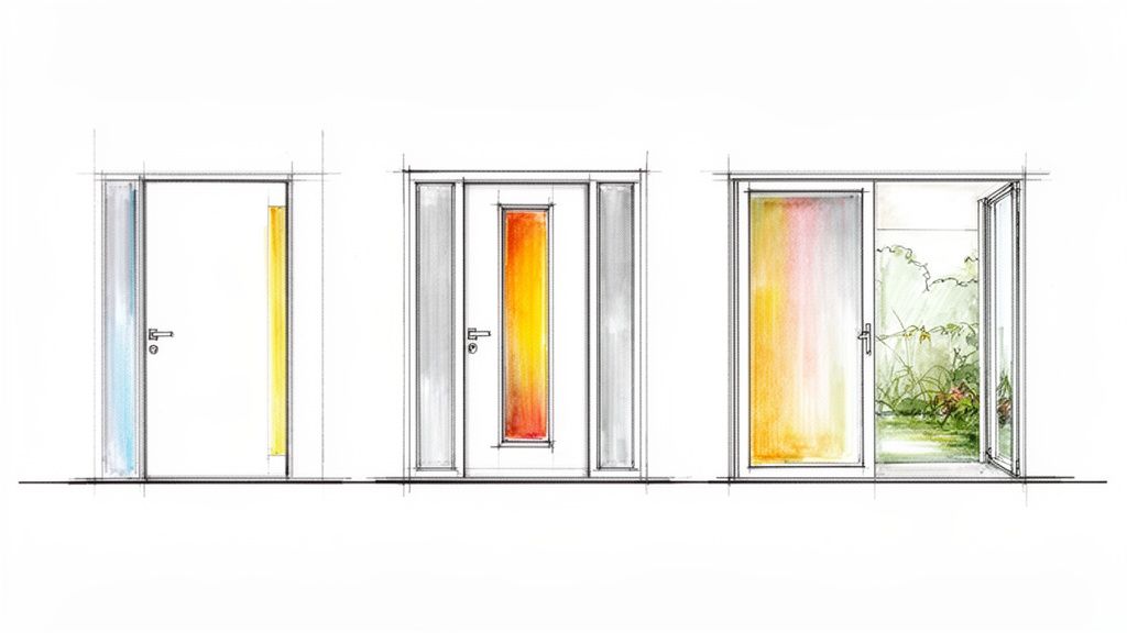 Sketches of three modern door designs with colorful glass panels, one opens to a garden.