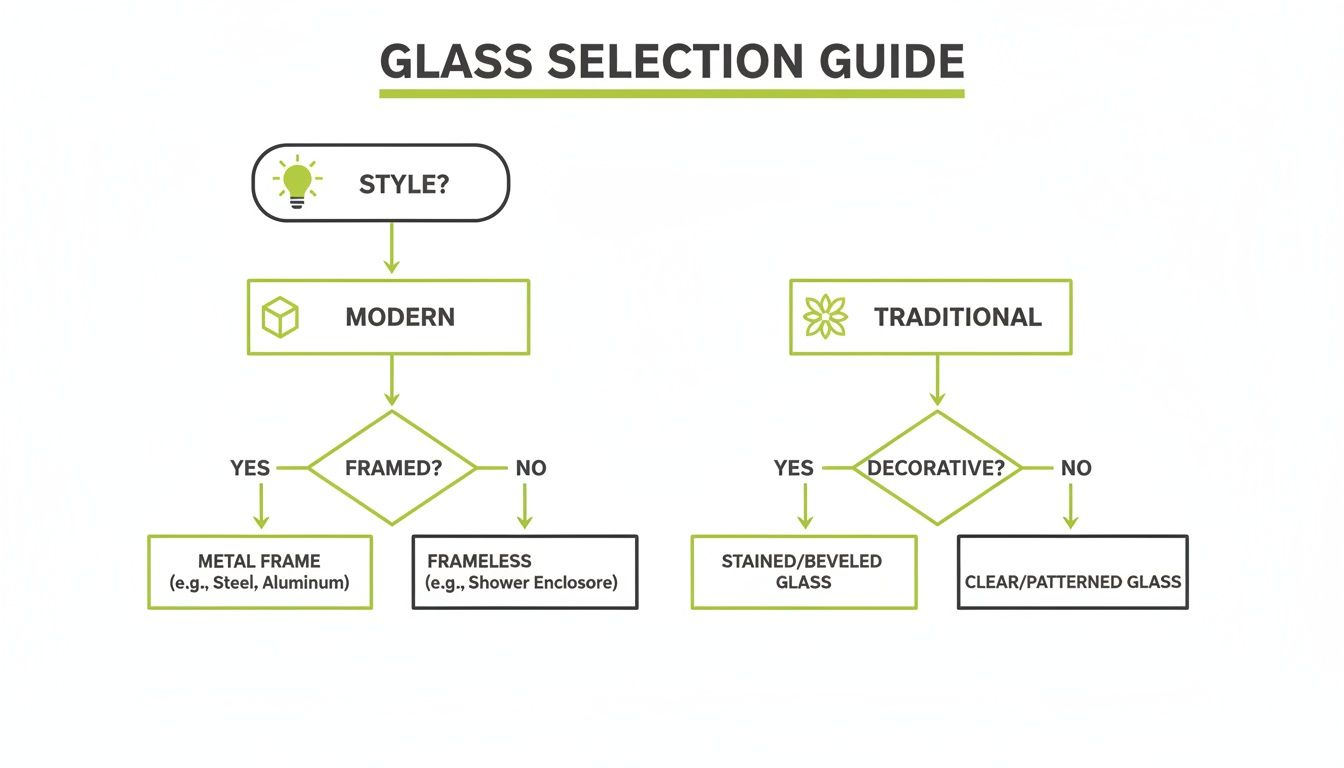 A glass selection guide flowchart showing choices for modern and traditional styles based on various factors.