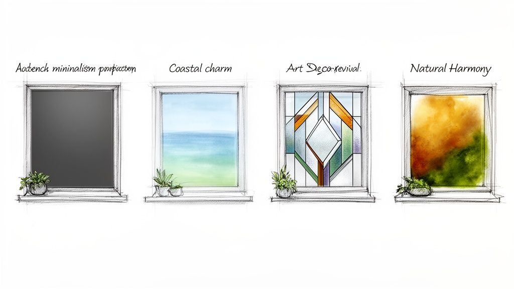 Four illustrated window styles: modern, coastal, art deco, and natural, with potted plants.