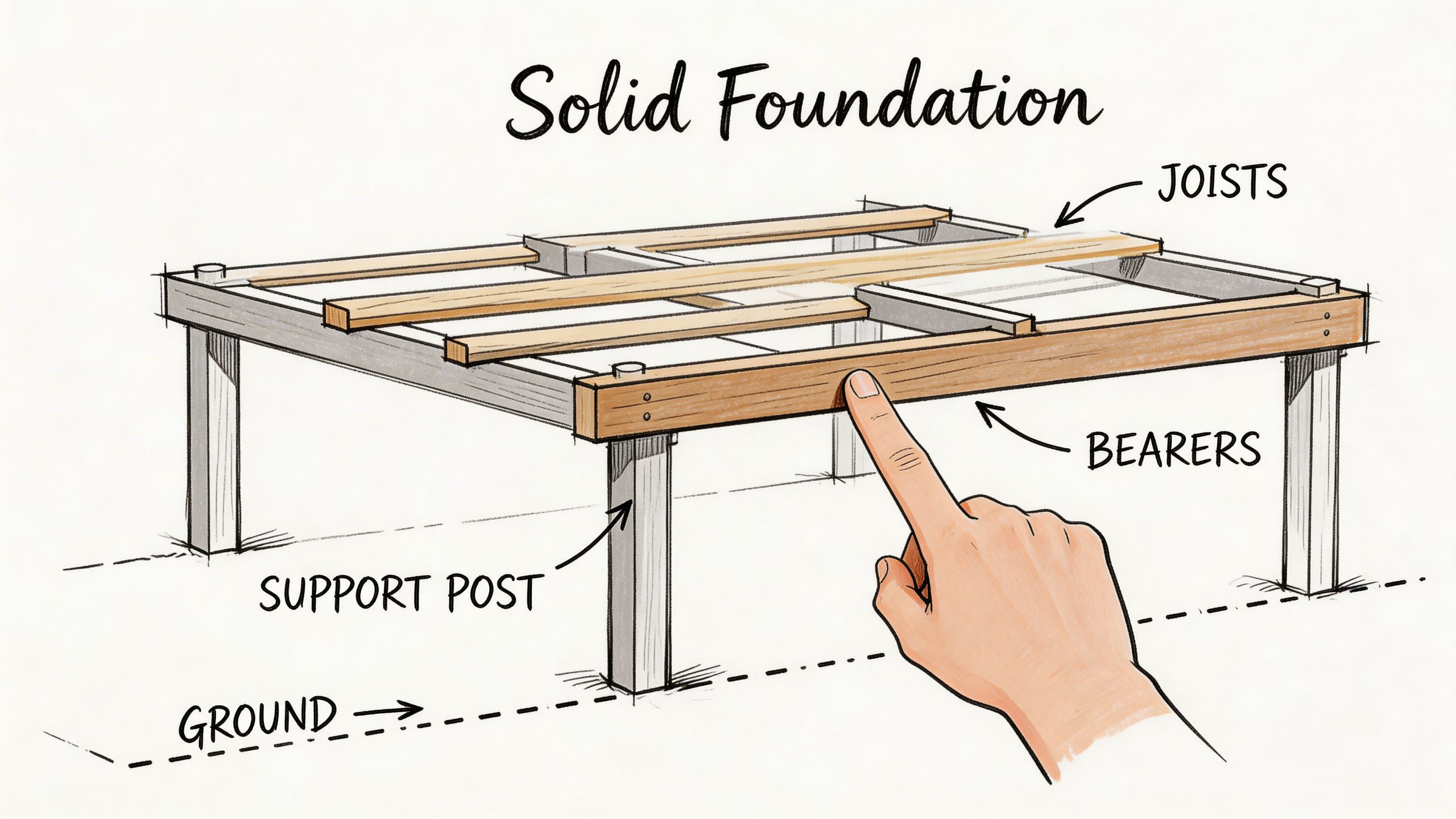 A detailed technical diagram showing the foundation components of a deck, including support posts, bearers, and joists.