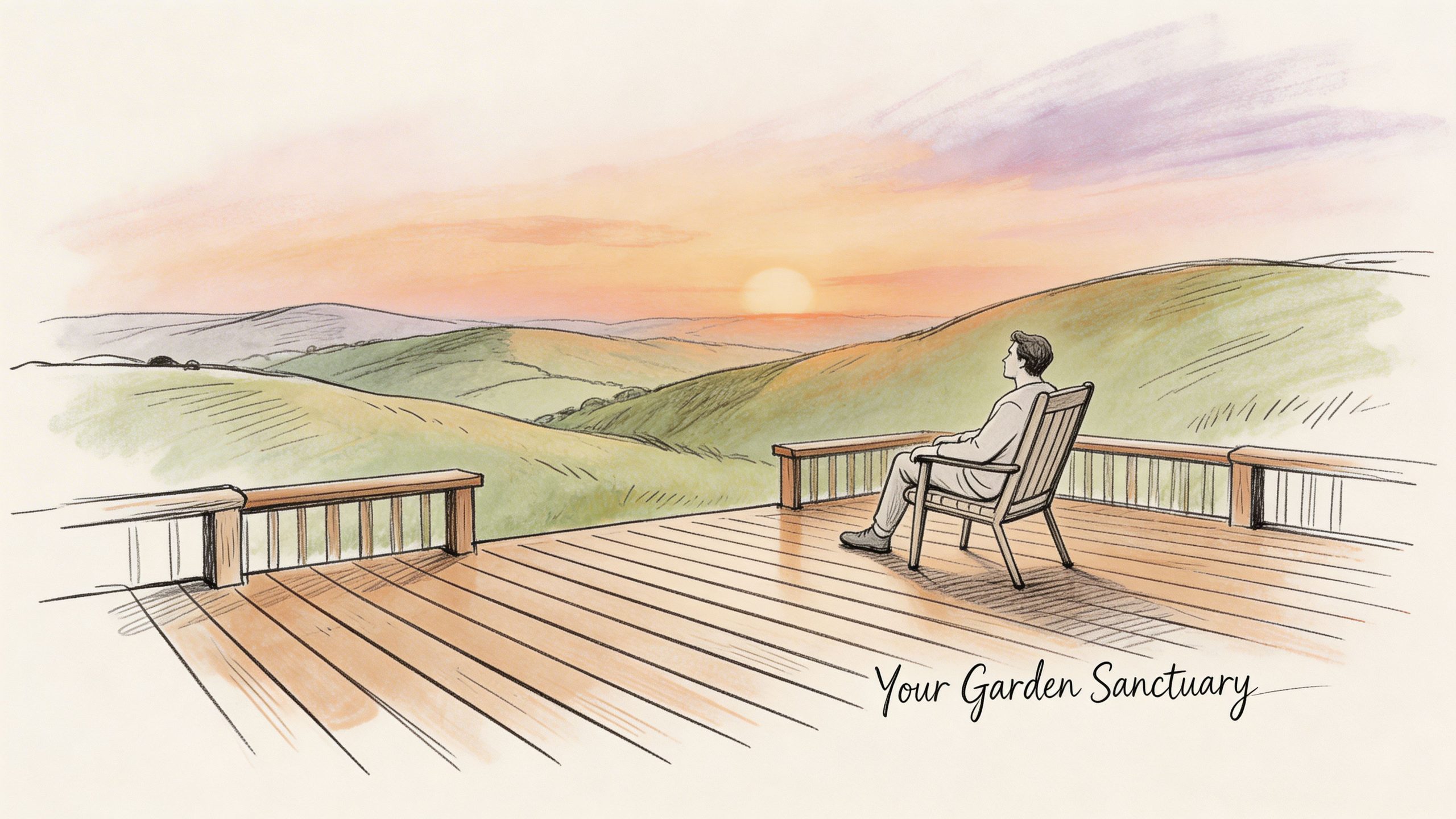 A peaceful illustration of a man sitting on a wooden deck overlooking rolling hills at sunset.