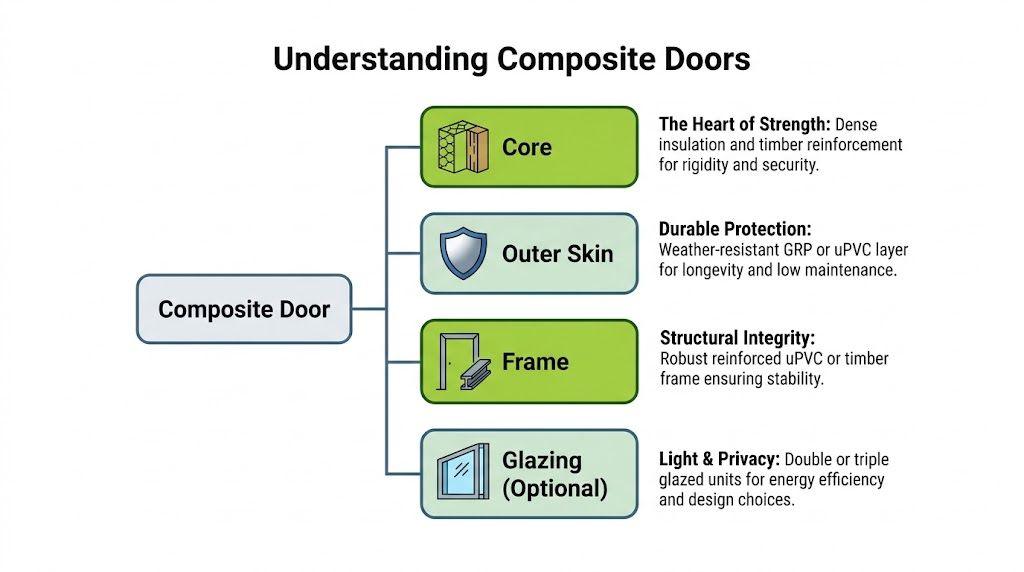 A diagram illustrating the four main components of a composite door including the core, skin, frame, and glazing.