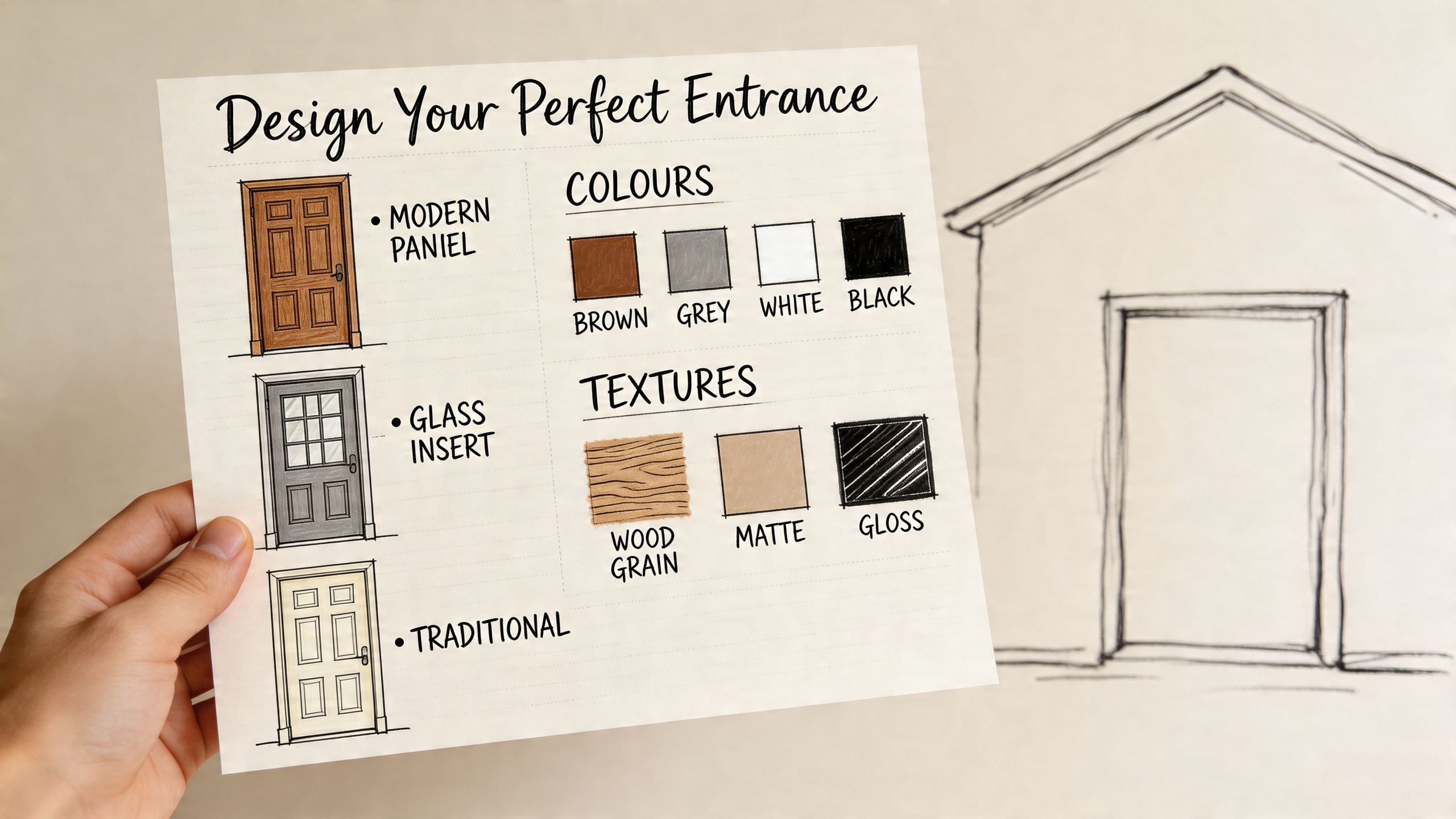 A hand holding a design sheet for customizing front doors with color, texture, and style options.