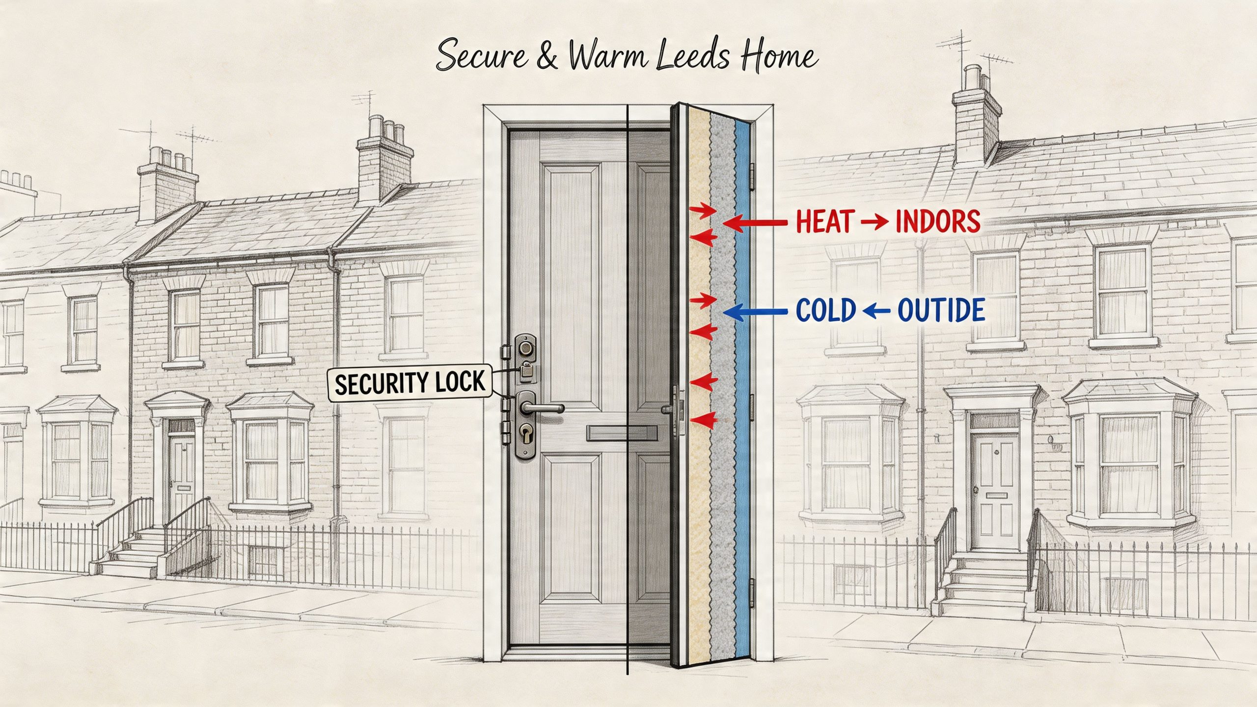 A diagram demonstrating the thermal insulation properties and security locking mechanism of a composite door in Leeds.