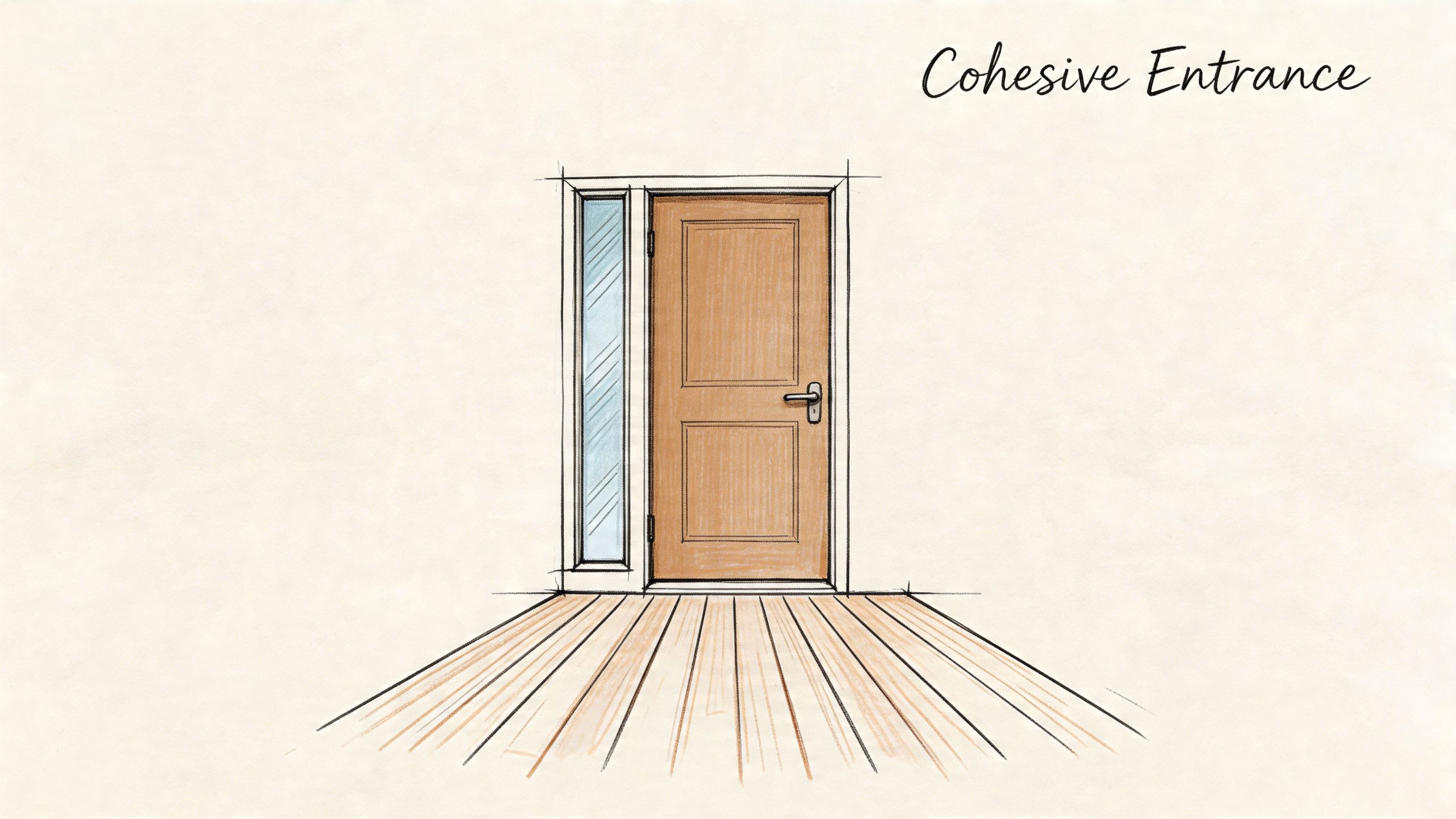 A hand-drawn illustration of a wooden front door with a side window panel and a wooden floor.
