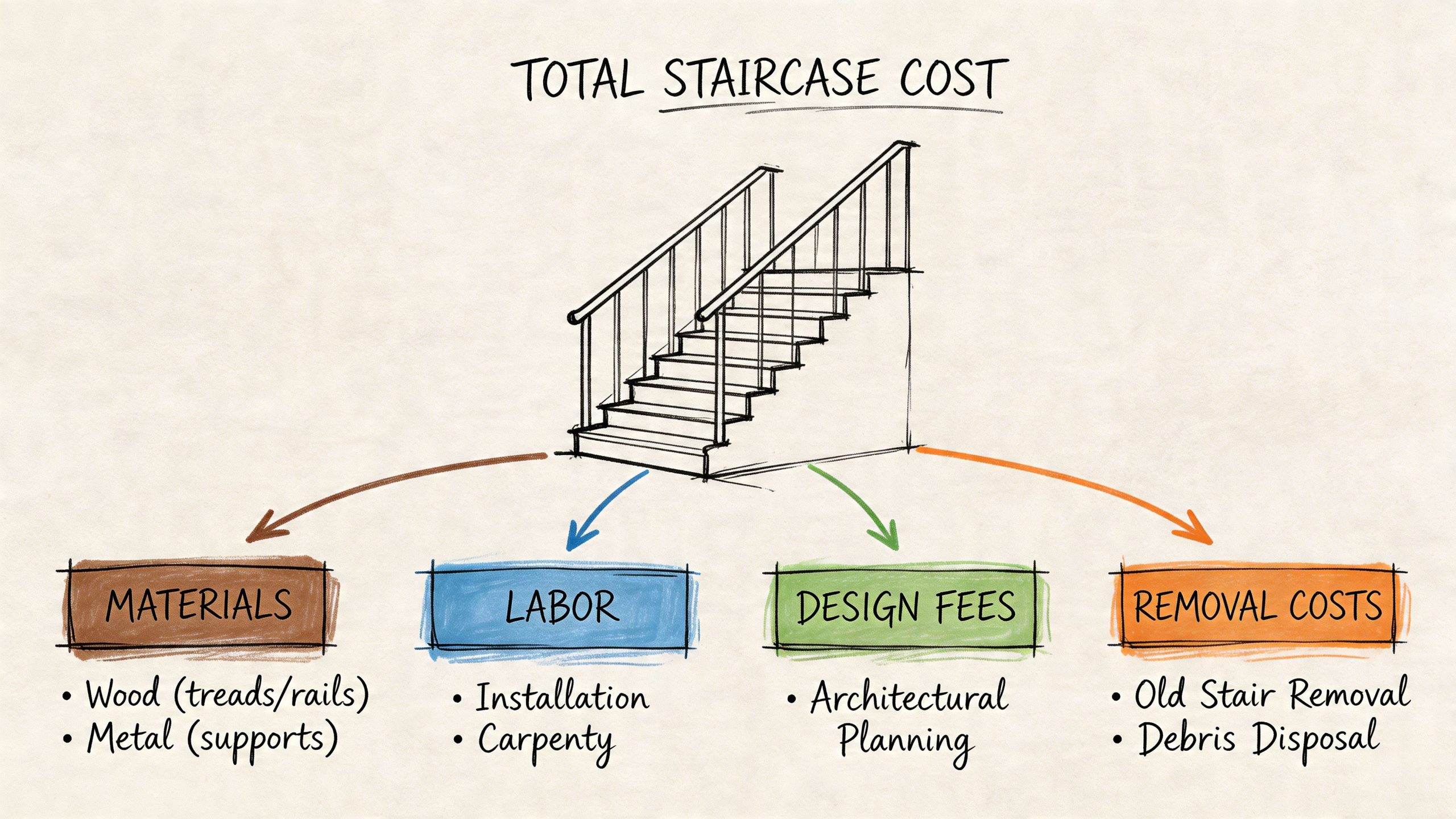 A diagram illustrating the breakdown of total staircase cost including materials, labor, design fees, and removal.