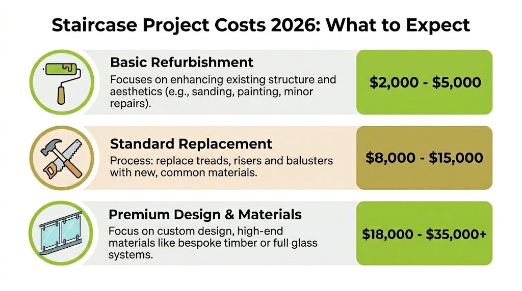 A chart showing estimated staircase project costs for 2026, including refurbishment, replacement, and premium design options.