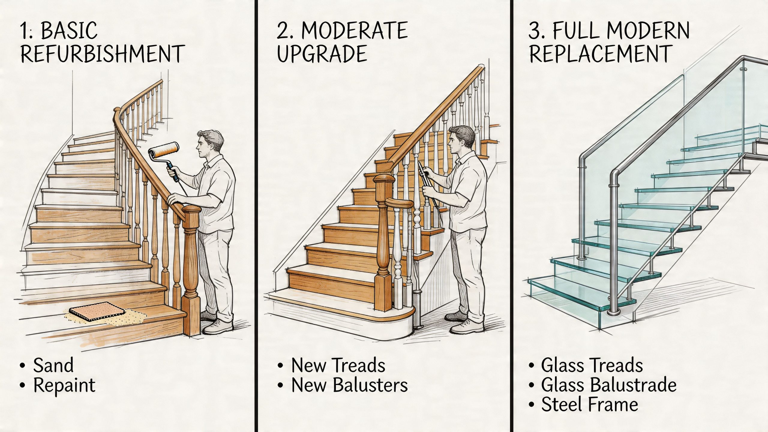 Three stages of staircase improvement showing basic refurbishment, moderate upgrades, and full modern glass replacement designs.
