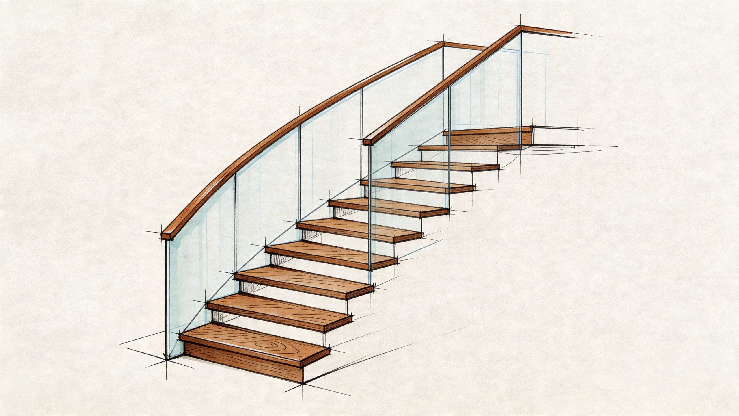 A detailed architectural sketch of a modern wooden staircase with glass panels and a wooden handrail.