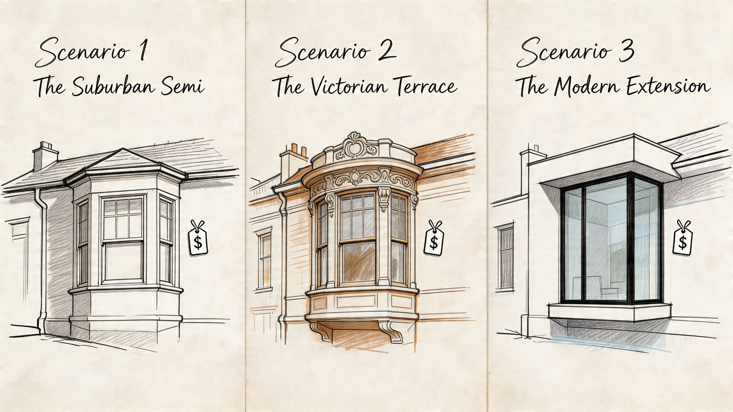 A line drawing comparison of bay window styles for suburban semi, Victorian terrace, and modern extension houses.