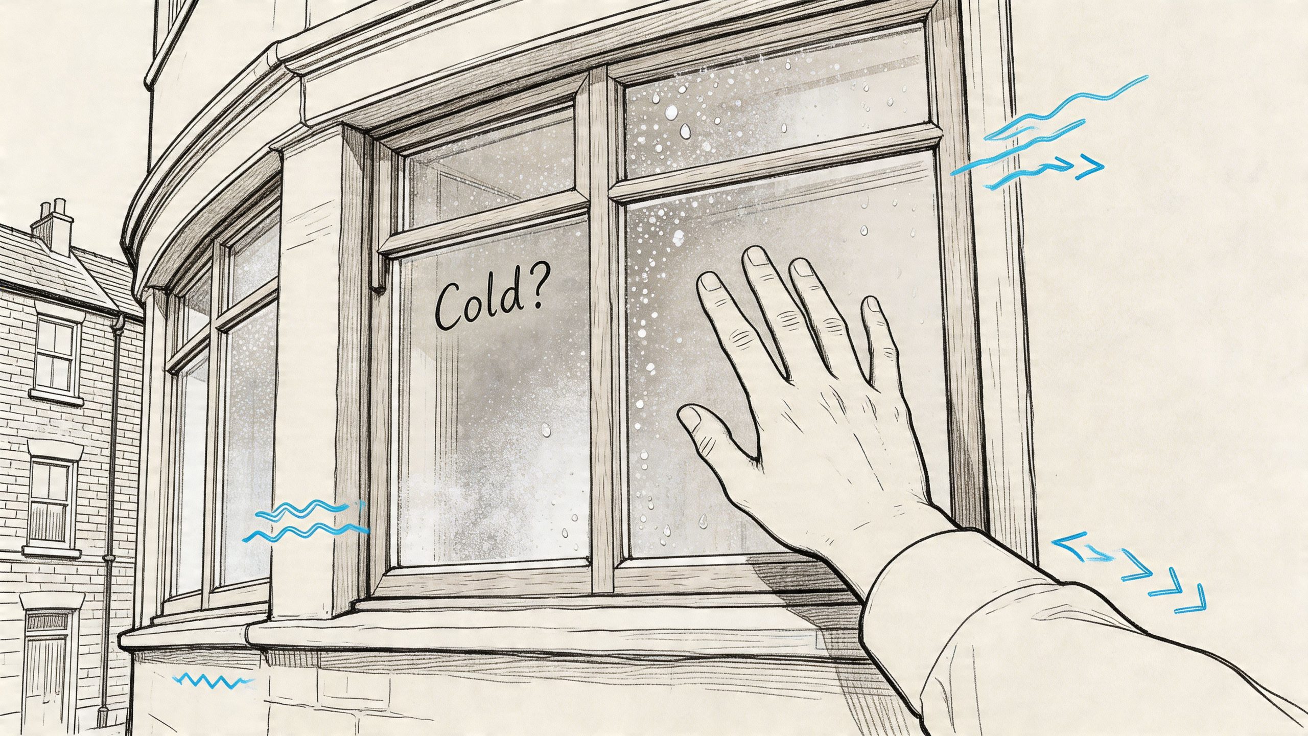 A hand touching a cold, condensation-covered bay window, highlighting the need for home energy efficiency improvements.