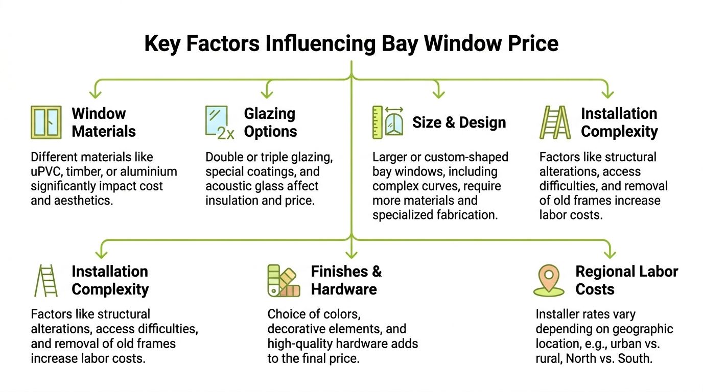 An infographic detailing the key factors influencing the total price of installing or replacing bay windows.