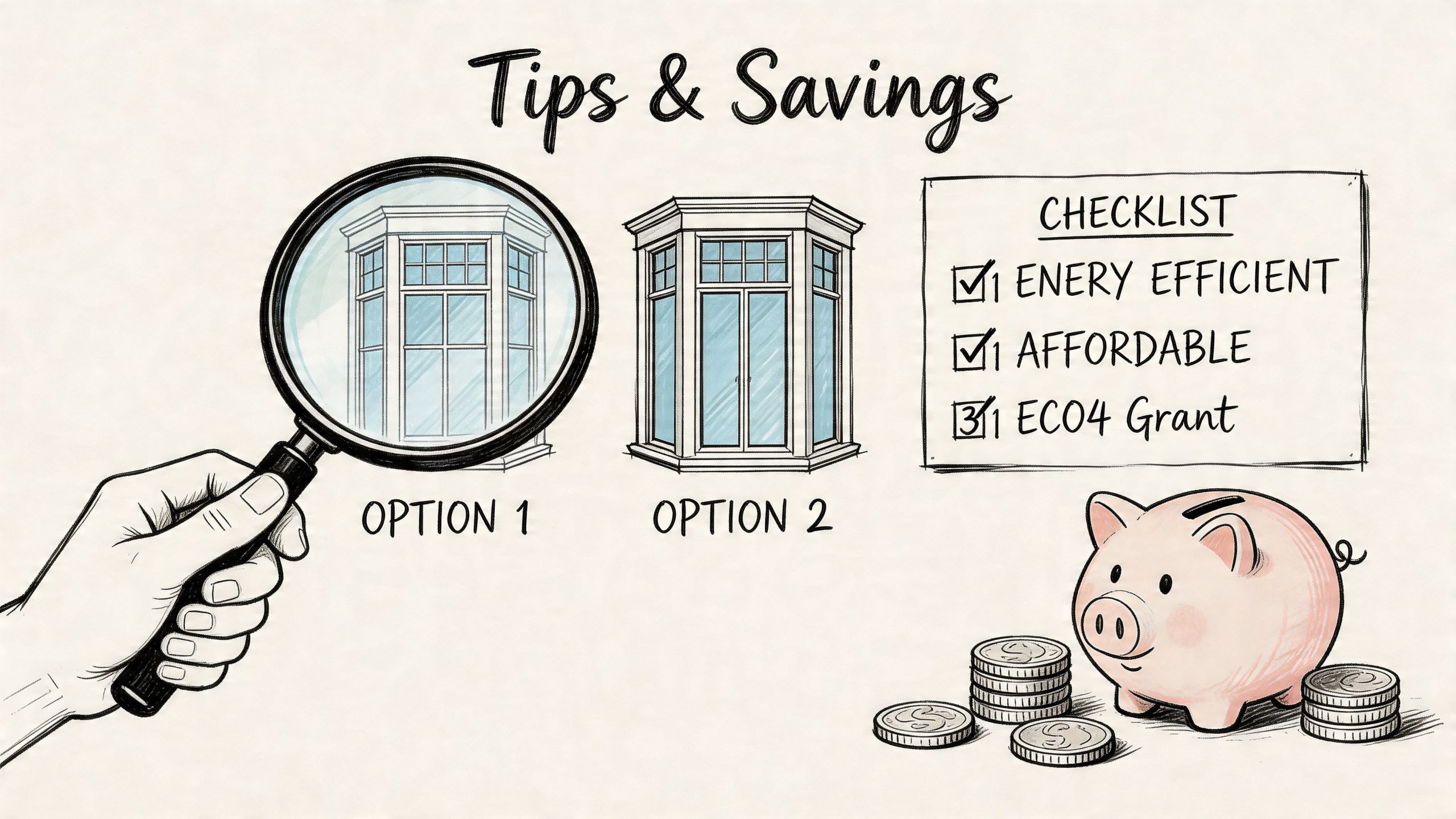 A hand holds a magnifying glass over a bay window next to an eco-friendly checklist and piggybank.
