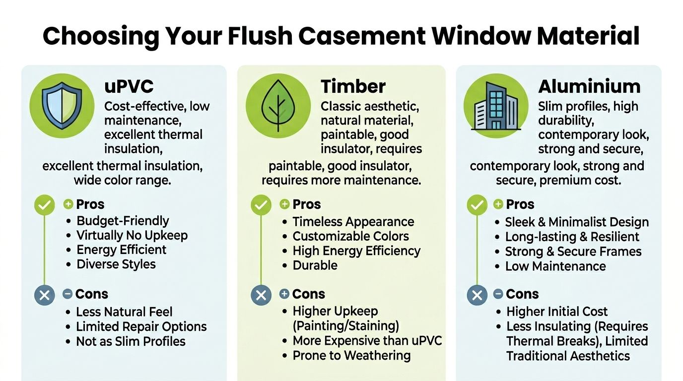 A comparison infographic detailing the pros and cons of using uPVC, timber, and aluminium for flush casement windows.