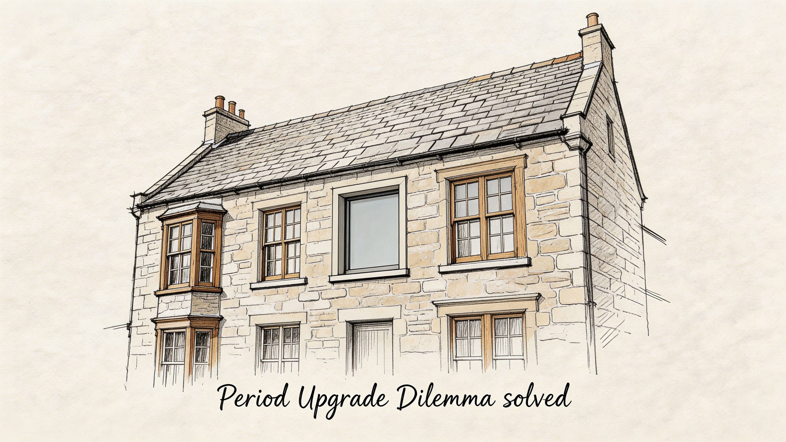 An architectural sketch of a stone period house featuring modern flush casement windows on the upper floor.
