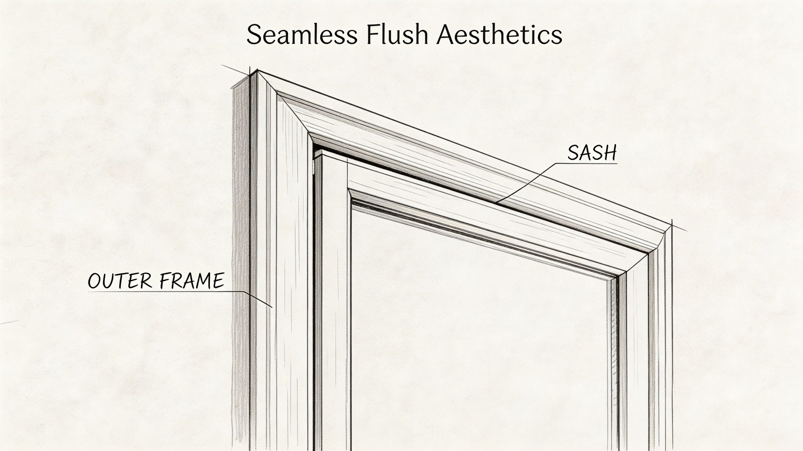 A detailed technical sketch showing the flush casement design between the window sash and the outer frame.